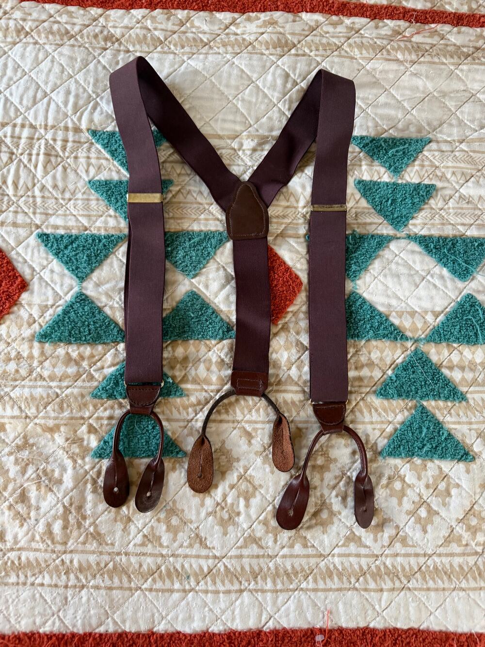 Brown Button Suspenders 1.25" Wide Adjustable Y Back Leather Look Tabs Mens